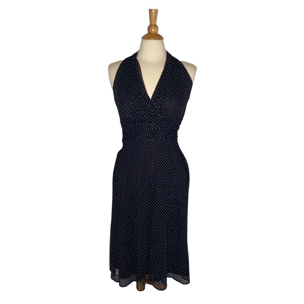 Black And White Polka Dot Halter Top Flowy Flattered MIDI Dress P2